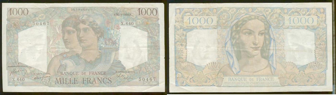 1000 Francs MINERVE ET HERCULE FRANCE 1950 TTB